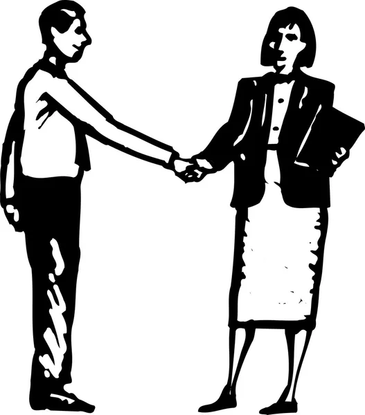 Woodcut Illustrazione di uomo e donna che stringono le mani — Vettoriale Stock