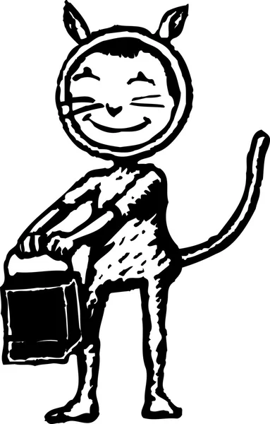 Träsnitt illustration av liten unge i katt halloween kostym — Stock vektor