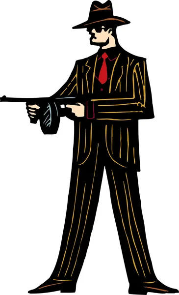 Illustrazione Woodcut di 1920 Gangster con mitragliatrice — Vettoriale Stock