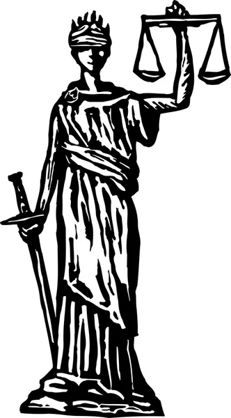 Woodcut Ilustración de Lady Justice o Escalas de Justicia — Vector de stock