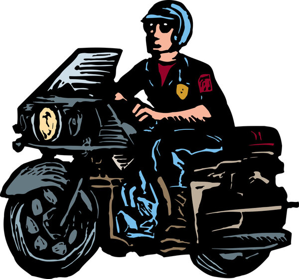 Woodcut Illustration of Motorcycle Cop or Policeman