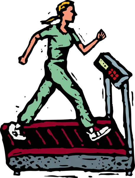 Woodcut Illustration de femmes faisant de l'exercice cardiovasculaire sur tapis roulant — Image vectorielle