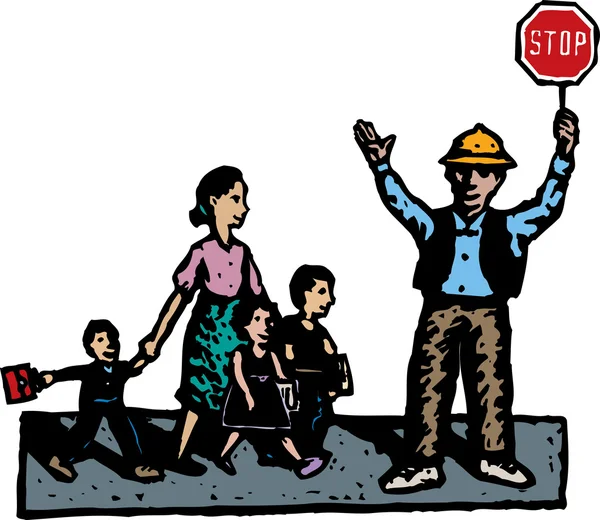 Woodcut Illustration of Crossing Guard with Mother and Children Cross Street — стоковый вектор