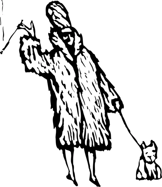 Vektorillustrasjon av rik kvinne i pelsfrakk med liten hund – stockvektor