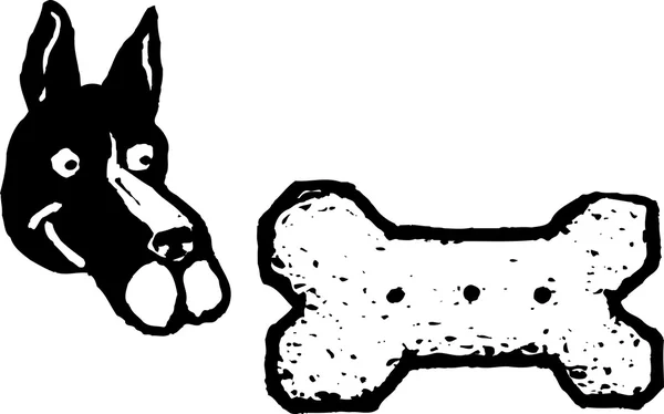 Ilustração Woodcut de cão com cão tratar — Vetor de Stock