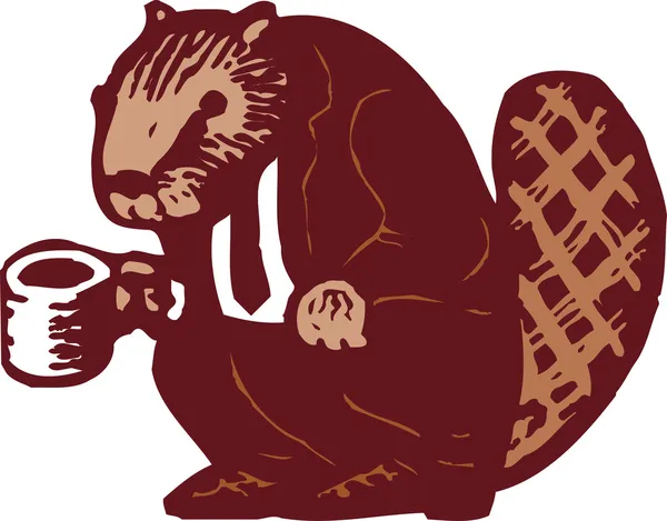 Woodcut Ilustração de Eager Beaver com xícara de café —  Vetores de Stock