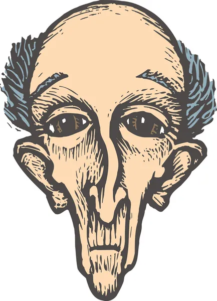 Träsnitt illustration av senior skallig man ansikte — Stock vektor