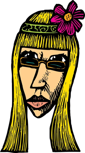 ヒッピー フラワーチャイルド女性顔の木版画イラスト — ストックベクタ