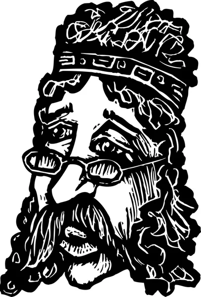 Woodcut Ilustración de Hippie Hombre Cara — Vector de stock