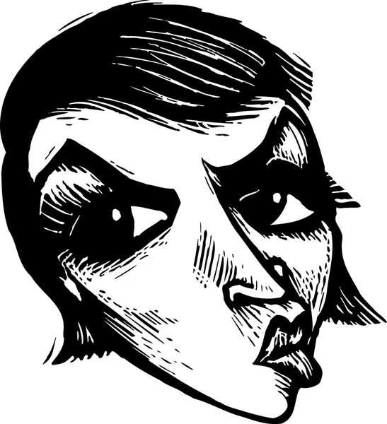 怒っている女性の顔の木版画イラスト — ストックベクタ
