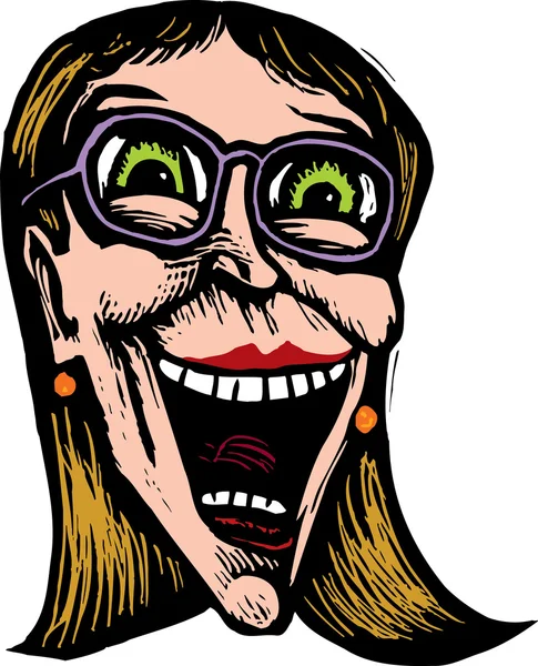 Woodcut ilustração de ecstaticamente feliz cara de mulher — Vetor de Stock