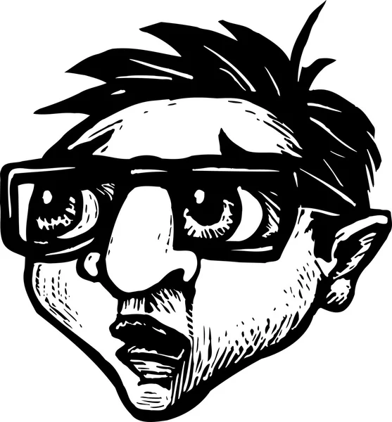 Holzschnitt-Illustration eines kleinen Jungen mit großen Augen und Brillengesicht — Stockvektor
