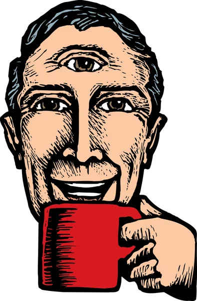 Woodcut ilustração do homem com três olhos bebendo café rosto —  Vetores de Stock