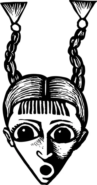 Woodcut Ilustração de Garota Assustada com Cara Pigtails — Vetor de Stock