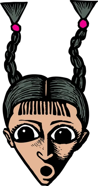 Drzeworyt ilustracja zaskoczona dziewczynka z twarzy warkocze — Wektor stockowy