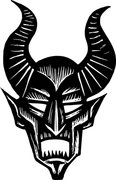 Ilustración de Cara de Diablo o Demonio en Woodcut — Vector de stock