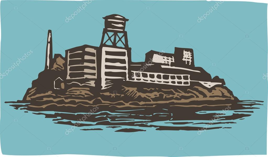 Woodcut ilustração da prisão federal da ilha de Alcatraz imagem