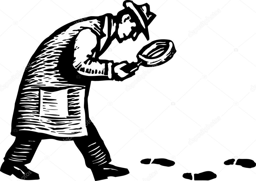 Woodcut Illustration of Detective with Magnifying Glass Following Footprints and Clues