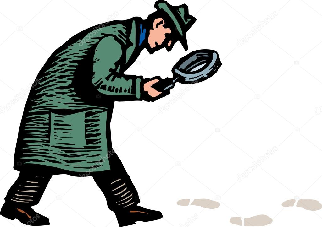 Woodcut Illustration of Detective with Magnifying Glass Following Footprints and Clues