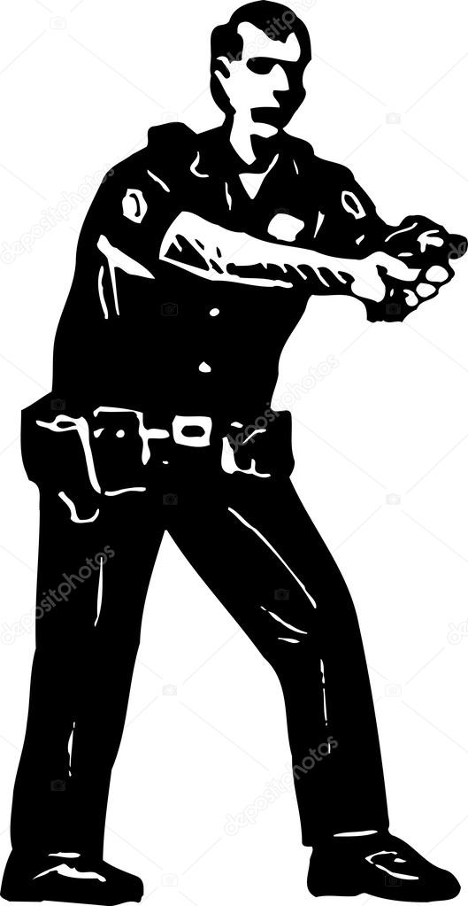 Woodcut Illustration of Police Office with Gun Drawn