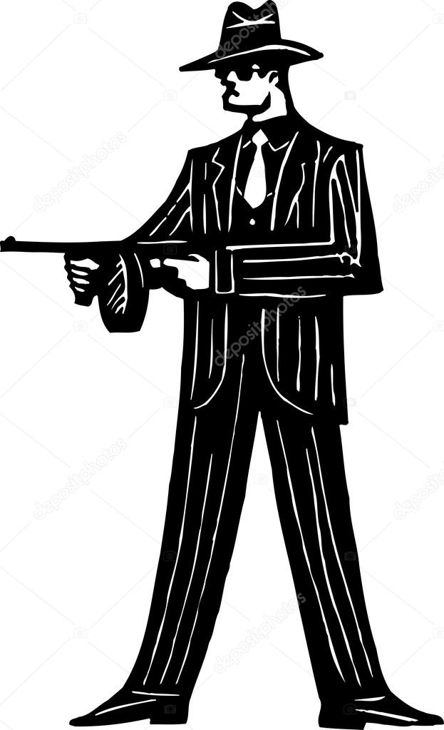 Woodcut Illustration of 1920s Gangster with Machine Gun