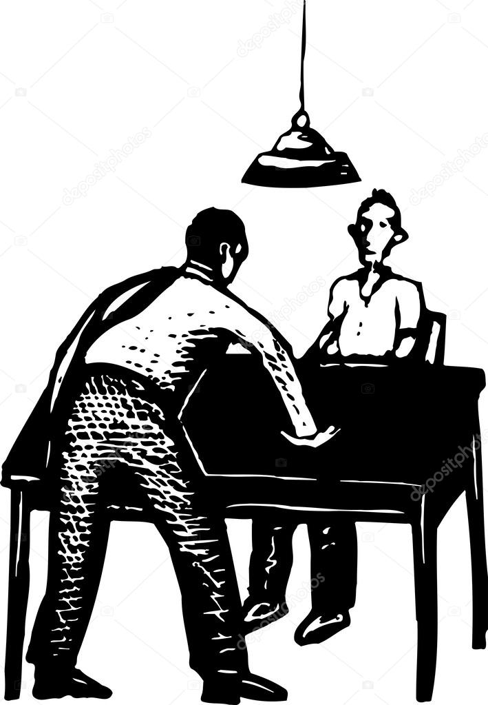 Woodcut Illustration of Police Interrogation