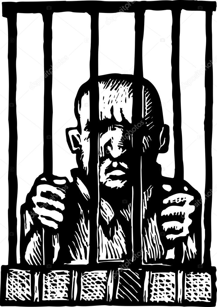 Woodcut Illustration of Prisoner Behind Bars