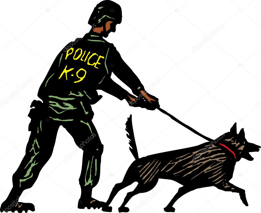 Woodcut Illustration of K9 Policeman and Police Dog