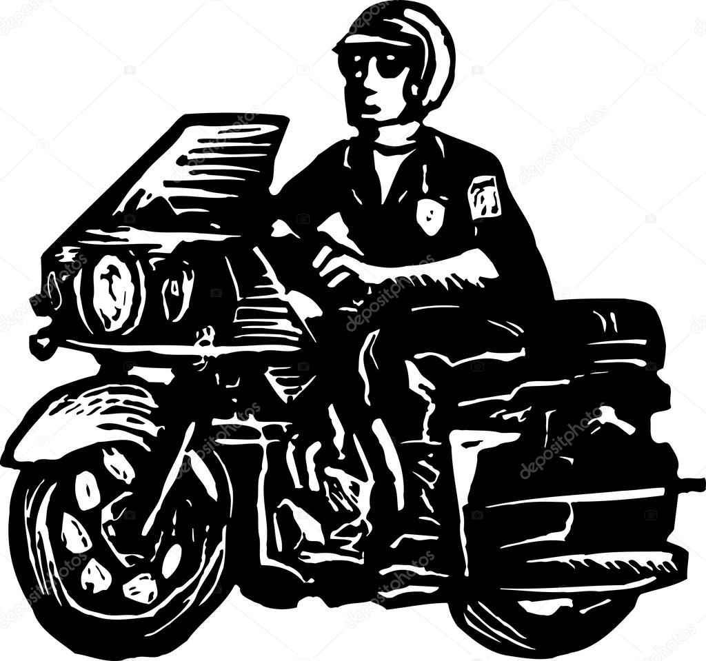 Woodcut Illustration of Motorcycle Cop or Policeman