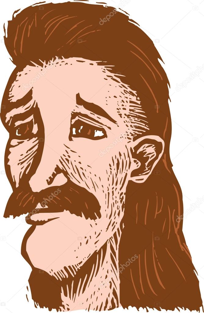 Woodcut Illustration of Older Hippie Man Face