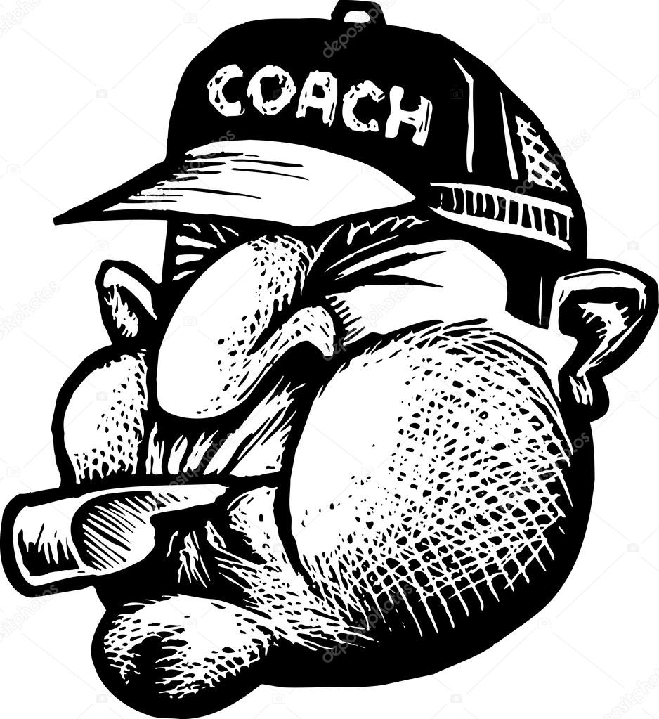 Woodcut Illustration of Sports Coach Blowing Whistle Face