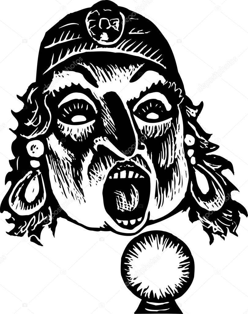 Woodcut Illustration of Fortune Teller Woman with Crystal Ball Face