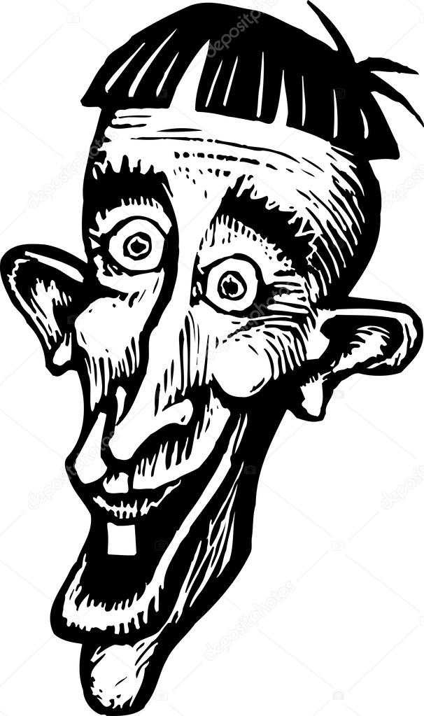 Woodcut Illustration of Hillbilly Man with Only One Tooth Face