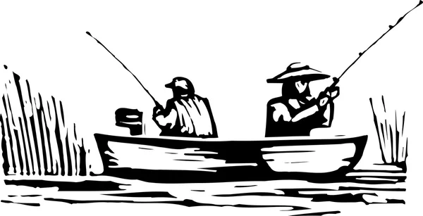 Вектор миграции мужчин и женщин, ловящих рыбу с лодок — стоковый вектор