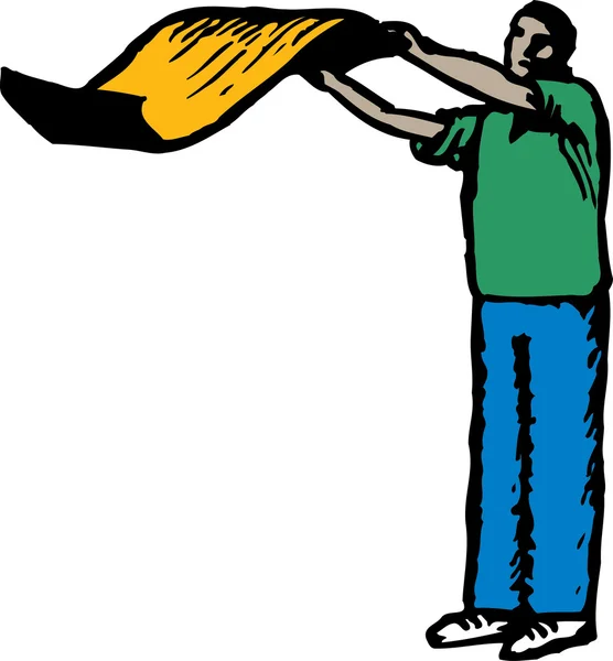 Holzschnitt-Illustration eines Mannes, der Teppich schüttelt — Stockvektor
