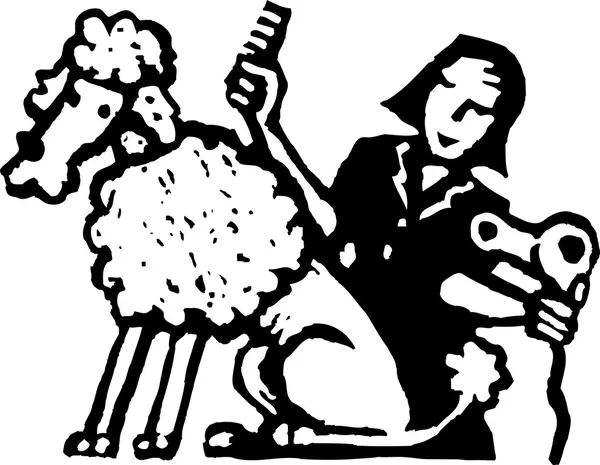 Woodcut Ilustración de Poodle Dog consiguiendo arreglado — Vector de stock