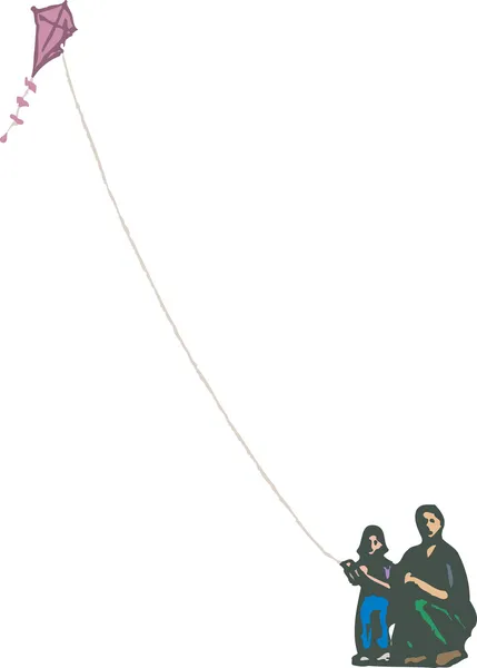 Houtsnede illustratie van vader en dochter flying kite — Stockvector