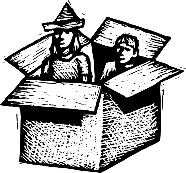 Ilustración de Woodcut de niños jugando fuerte en la caja de cartón — Archivo Imágenes Vectoriales