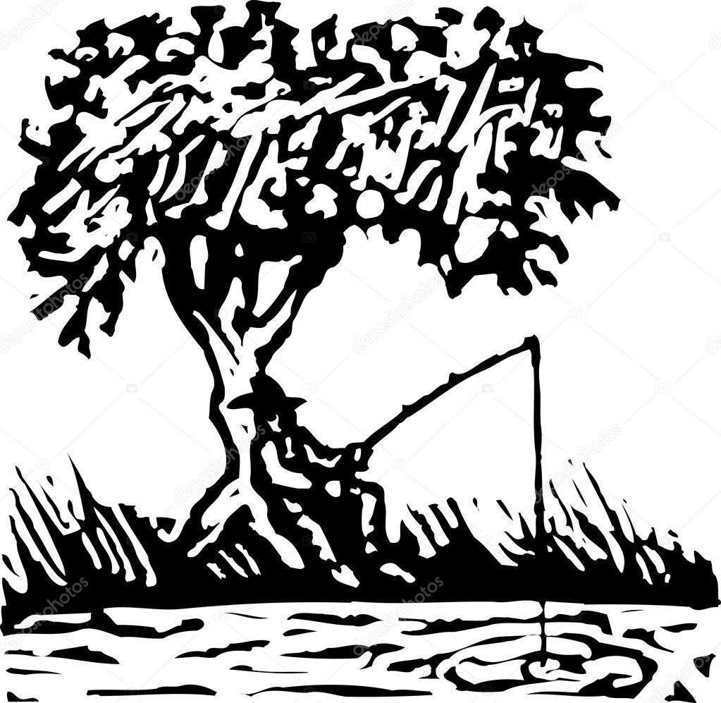 Vector Illustration of Man Fishing from River Bank Under Tree