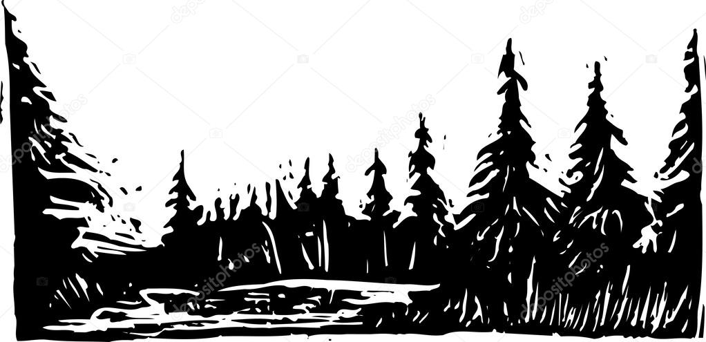 Woodcut Illustration of Forest