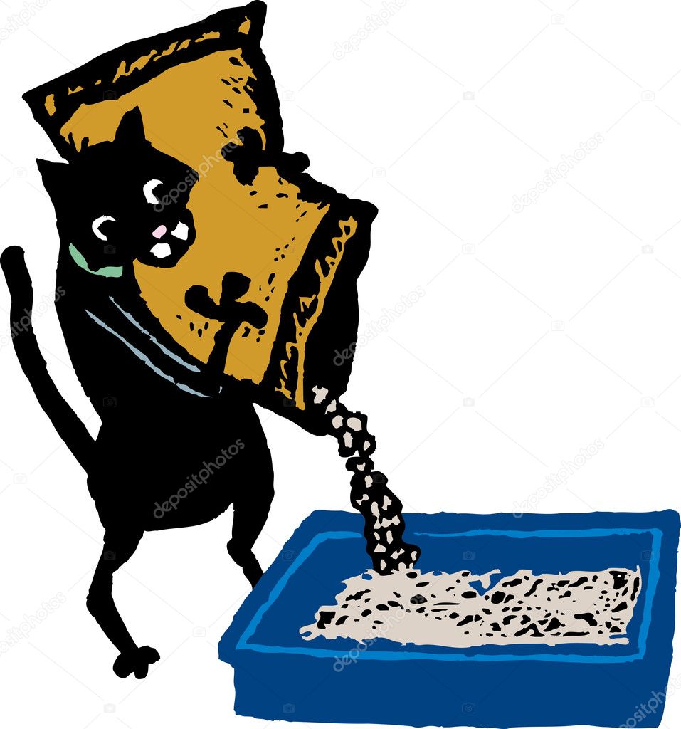 Woodcut Illustration of Cat Filling Cat Litter Box
