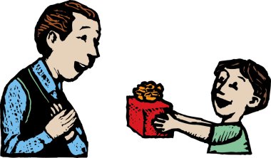 Çocuğun babası bir hediye vererek gravür çizimi