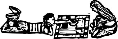 çocuklar oyun oynarken gravür illüstrasyon