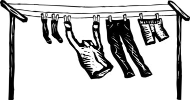 gravür illüstrasyon giysi kurutma clothesline üzerinde
