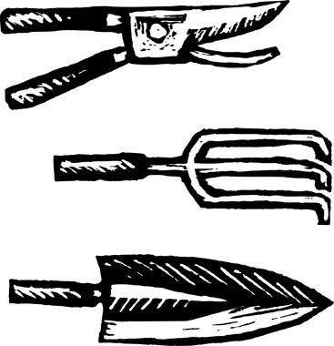 Bahçe aletleri gravür çizimi