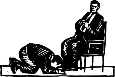Woodcut Illustration of Man Groveling and Kissing Shoes of Another Man clipart