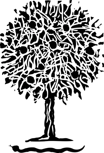 Träsnitt illustration av frukt av kunskap - äppelträd och ormen orm — Stock vektor