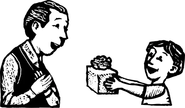 Gravure sur bois Illustration d'un garçon donnant un cadeau à son père — Image vectorielle