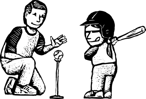 Woodcut Ilustración del Padre entrenando a su hija en el béisbol — Archivo Imágenes Vectoriales