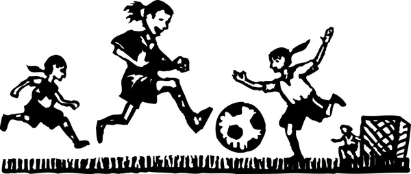 Woodcut Illustration of Kids Playing Soccer — Stock Vector